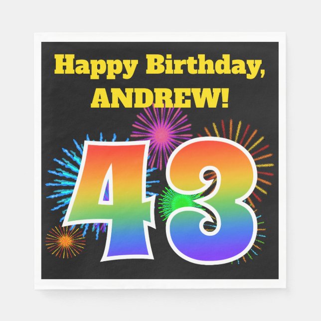 Serviette En Papier Fun Fireworks + Rainbow Motif "43" Anniversaire # (Devant)