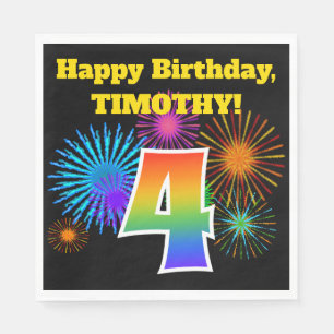 Serviette En Papier Fun Fireworks + Rainbow Motif "4" Anniversaire #