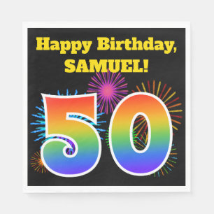 Serviette En Papier Fun Fireworks + Rainbow Motif "50" Anniversaire #