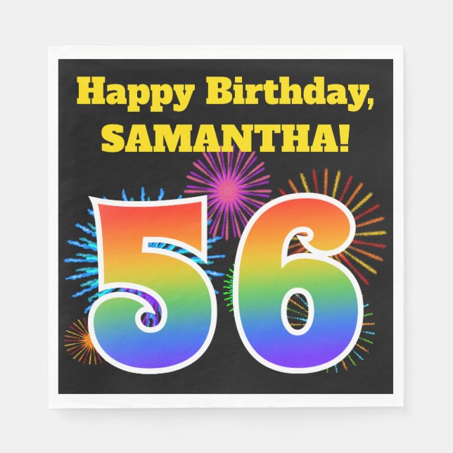 Serviette En Papier Fun Fireworks + Rainbow Motif "56" Anniversaire # (Devant)