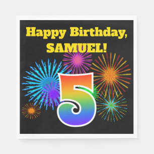 Serviette En Papier Fun Fireworks + Rainbow Motif "5" Anniversaire #