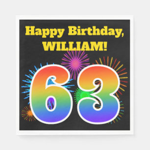 Serviette En Papier Fun Fireworks + Rainbow Motif "63" Anniversaire #