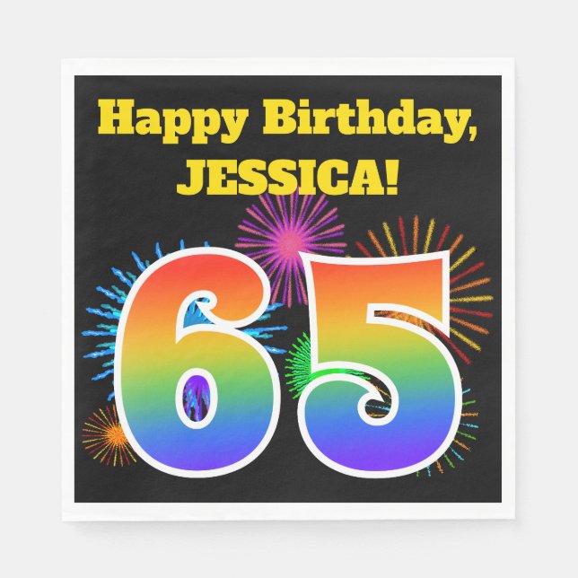 Serviette En Papier Fun Fireworks + Rainbow Motif "65" Anniversaire # (Devant)