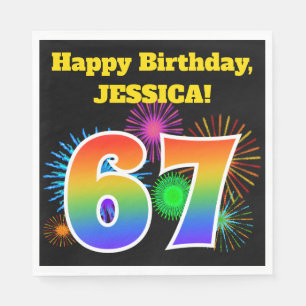Serviette En Papier Fun Fireworks + Rainbow Motif "67" Anniversaire #