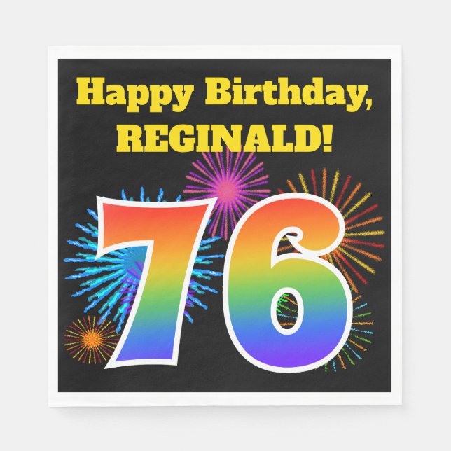 Serviette En Papier Fun Fireworks + Rainbow Motif "76" Anniversaire # (Devant)