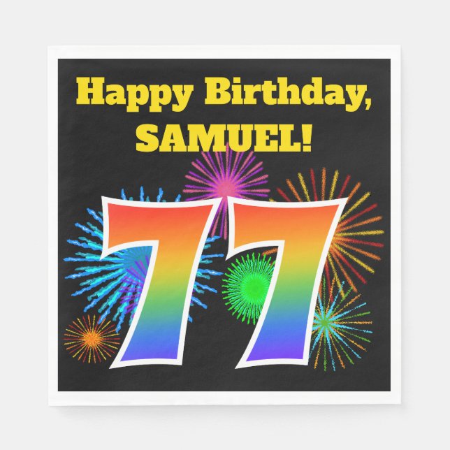 Serviette En Papier Fun Fireworks + Rainbow Motif "77" Anniversaire # (Devant)