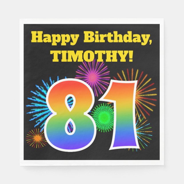 Serviette En Papier Fun Fireworks + Rainbow Motif "81" Anniversaire # (Devant)