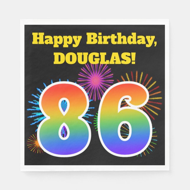 Serviette En Papier Fun Fireworks + Rainbow Motif "86" Anniversaire # (Devant)