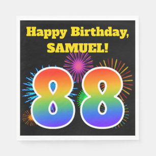 Serviette En Papier Fun Fireworks + Rainbow Motif "88" Anniversaire #