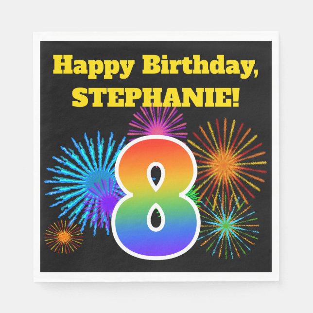 Serviette En Papier Fun Fireworks + Rainbow Motif "8" Anniversaire # (Devant)
