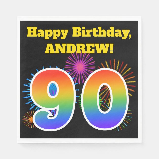 Serviette En Papier Fun Fireworks + Rainbow Motif "90" Anniversaire # (Devant)