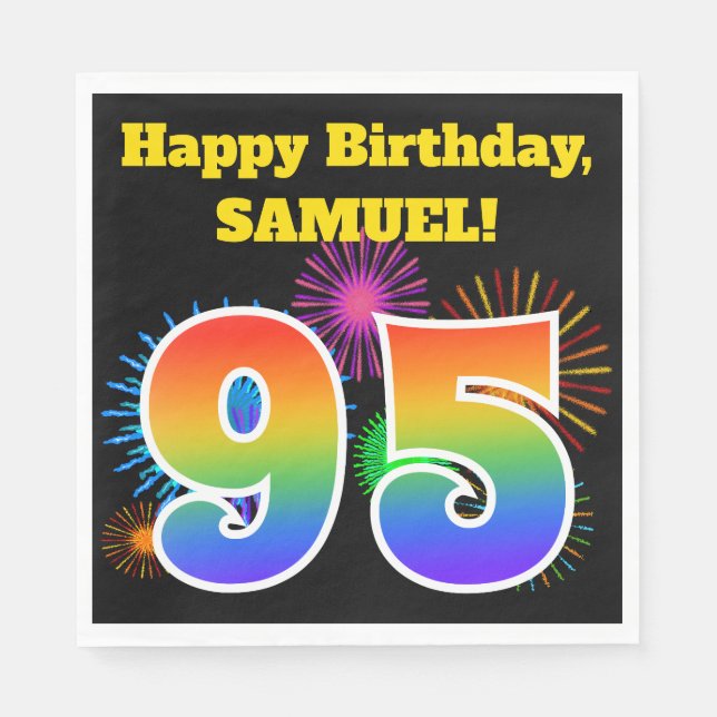 Serviette En Papier Fun Fireworks + Rainbow Motif "95" Anniversaire # (Devant)