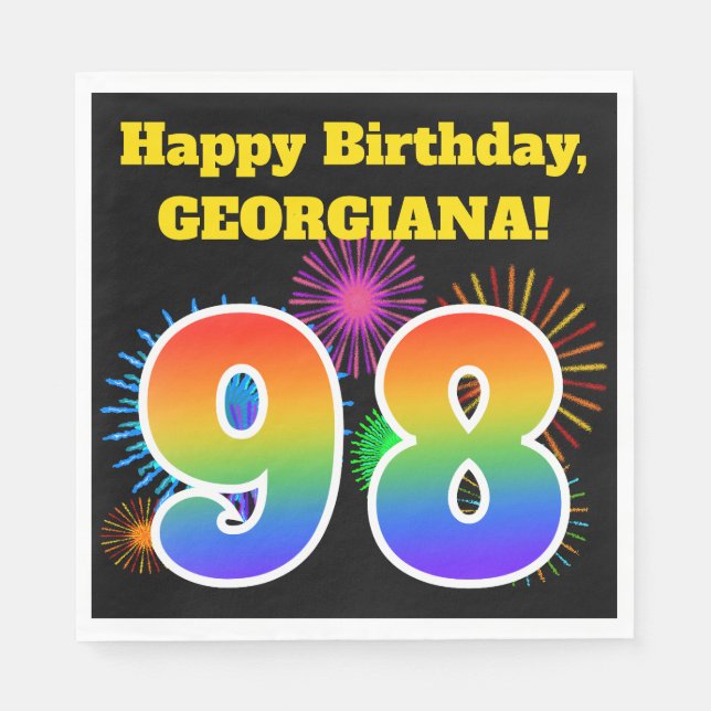 Serviette En Papier Fun Fireworks + Rainbow Motif "98" Anniversaire # (Devant)