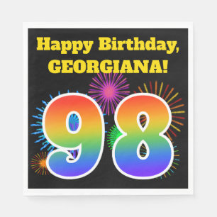 Serviette En Papier Fun Fireworks + Rainbow Motif "98" Anniversaire n