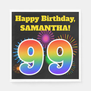 Serviette En Papier Fun Fireworks + Rainbow Motif "99" Anniversaire #
