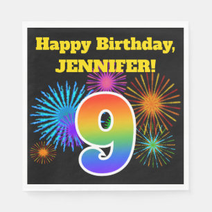 Serviette En Papier Fun Fireworks + Rainbow Motif "9" Anniversaire #