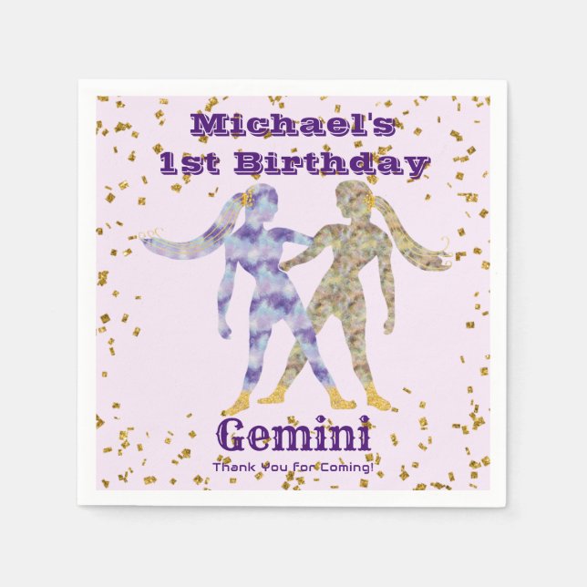 Serviette En Papier Fun Gemini Premier Anniversaire & Gold Confetti (Devant)