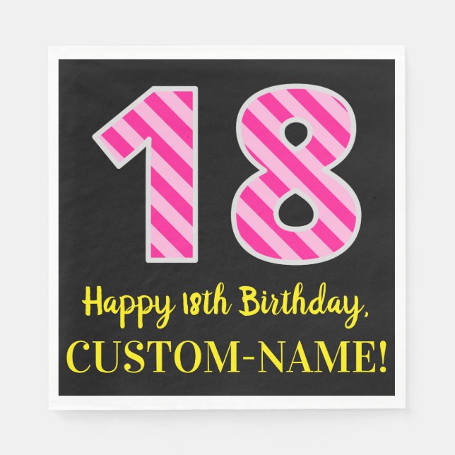 Serviette En Papier Fun Pink Stripes "18"; Joyeux 18e anniversaire; No (Devant)