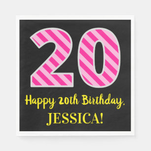 Serviette En Papier Fun Pink Stripes "20"; Joyeux 20e anniversaire; No