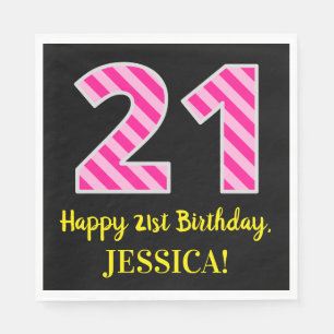 Serviette En Papier Fun Pink Stripes "21"; Joyeux 21e anniversaire; No