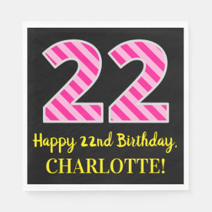 Serviette En Papier Fun Pink Stripes "22"; Joyeux 22e anniversaire; No