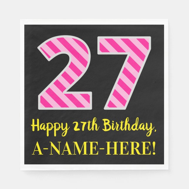 Serviette En Papier Fun Pink Stripes "27"; Joyeux 27ème anniversaire;  (Devant)