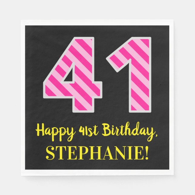 Serviette En Papier Fun Pink Stripes "41"; Joyeux 41e anniversaire; No (Devant)