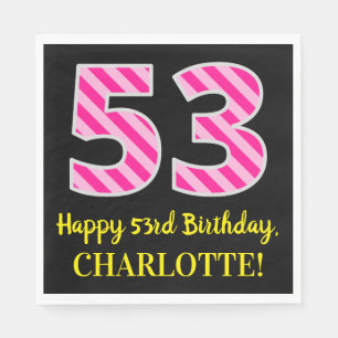 Serviette En Papier Fun Pink Stripes "53"; Joyeux 53ème anniversaire; 
