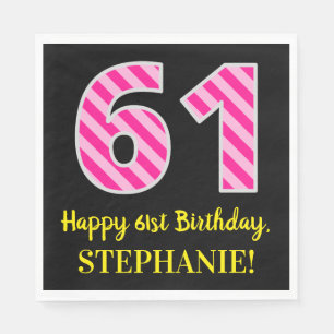 Serviette En Papier Fun Pink Stripes "61"; Joyeux 61e anniversaire; No