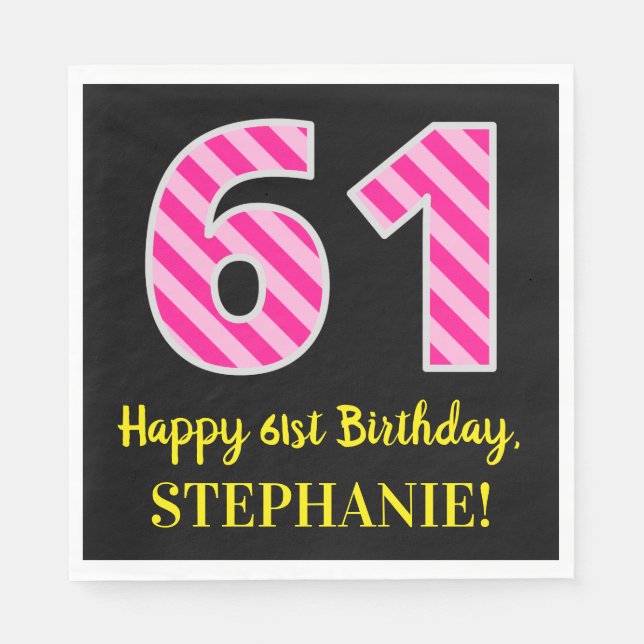 Serviette En Papier Fun Pink Stripes "61"; Joyeux 61e anniversaire; No (Devant)