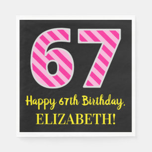 Serviette En Papier Fun Pink Stripes "67"; Joyeux 67ème anniversaire; 
