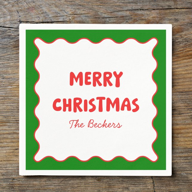 Serviette En Papier Fun Retro Wavy Rouge et Vert Custom Chic Noël (Créateur téléchargé)