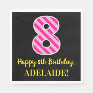 Serviette En Papier Fun Rose Stripes "8"; Joyeux 8ème anniversaire; No