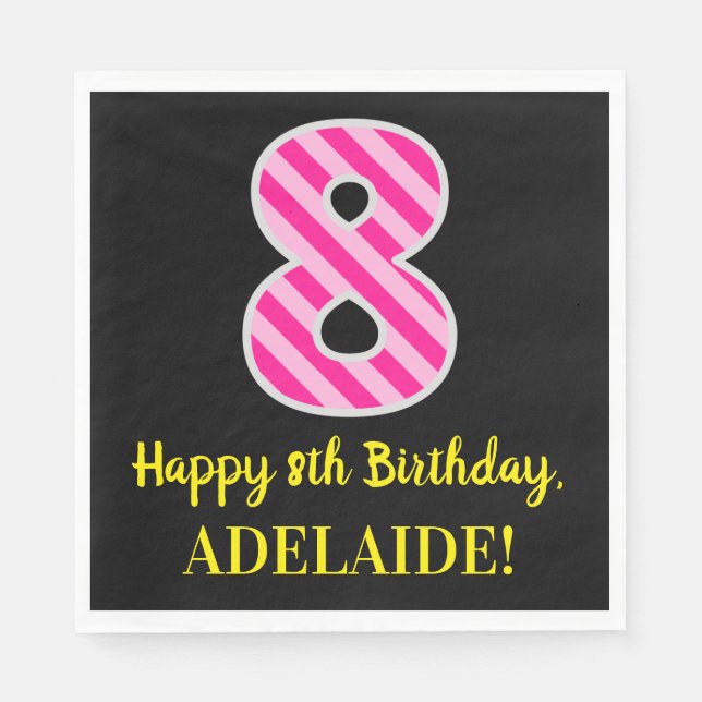 Serviette En Papier Fun Rose Stripes "8"; Joyeux 8ème anniversaire; No (Devant)