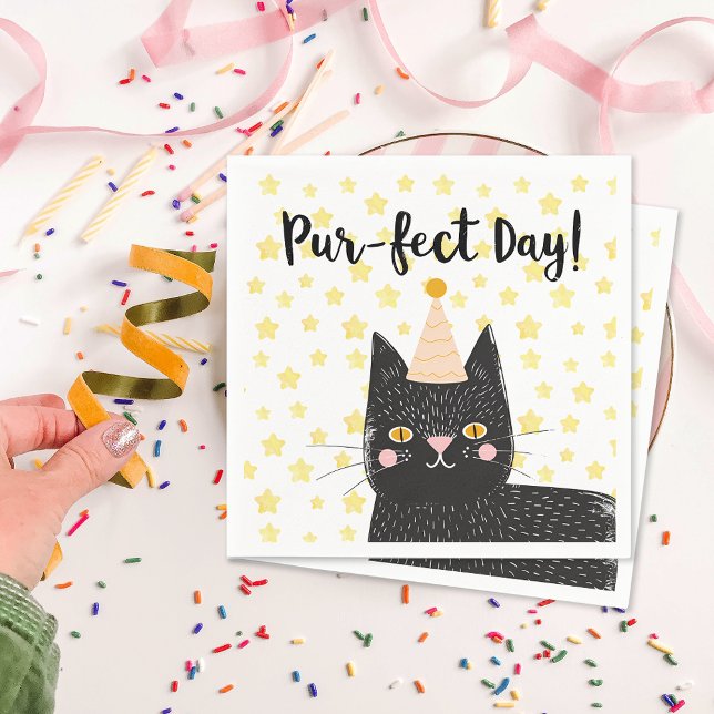 Serviette En Papier Funny Chat noir Parfait Jour Anniversaire (Funny Black Cat Perfect Day Birthday Napkins)