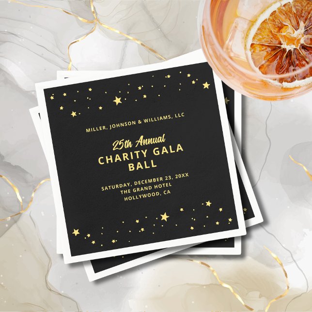 Serviette En Papier Gala Événement Charity Ball Élégant Black Gold Sta (Gala Event Charity Ball Elegant  Cocktail Napkin, Black with Gold Stars, Company Name, Event Info.)