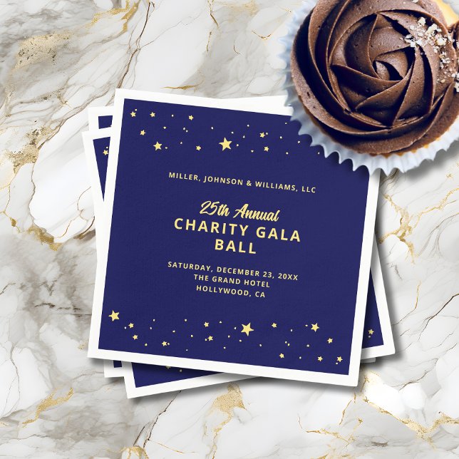Serviette En Papier Gala Événement Charity Ball Élégant Blue Gold Star (Charity Gala Ball Event Cocktail Napkin Blue Gold with Stars and Event Details.)