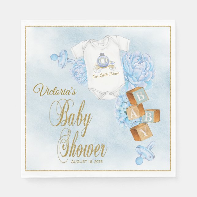 Serviette En Papier Garçon Aquarelle Bleu Baby shower Or Napkins (Devant)