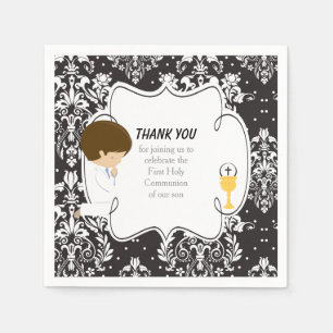 Serviette En Papier Garçon Brun Première Communion Damassé Noir