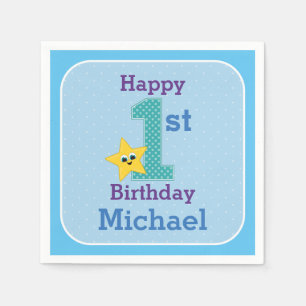 Serviette En Papier Garçon pour son premier anniversaire, Bleu, Étoile