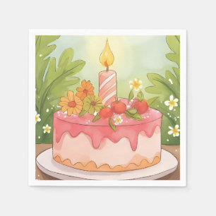 Serviette En Papier Gâteau d'anniversaire rose   Joyeux Anniversaire