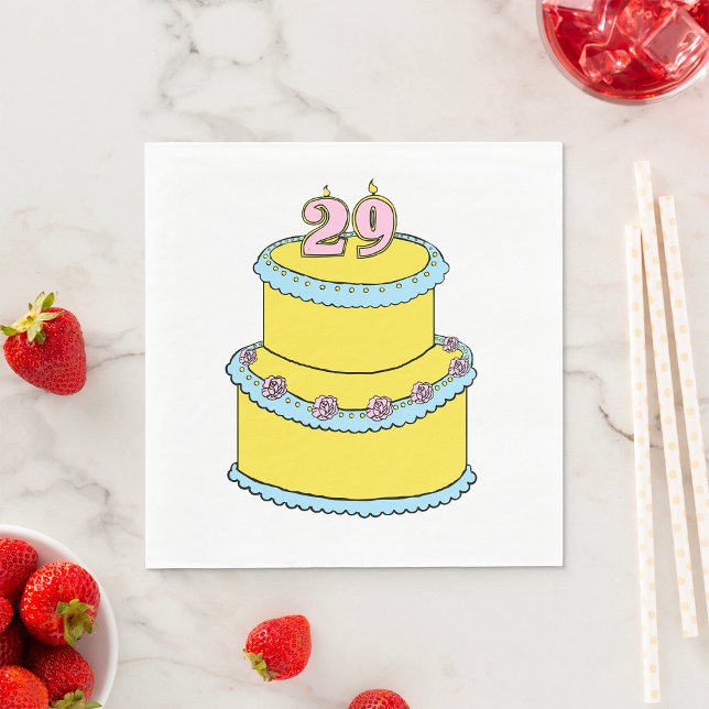 Serviette En Papier Gâteau jaune 29e anniversaire avec roses roses ros (Créateur téléchargé)