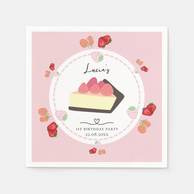 Serviette En Papier Gâteau rose pâle & Berry Fille Premier anniversair (Devant)