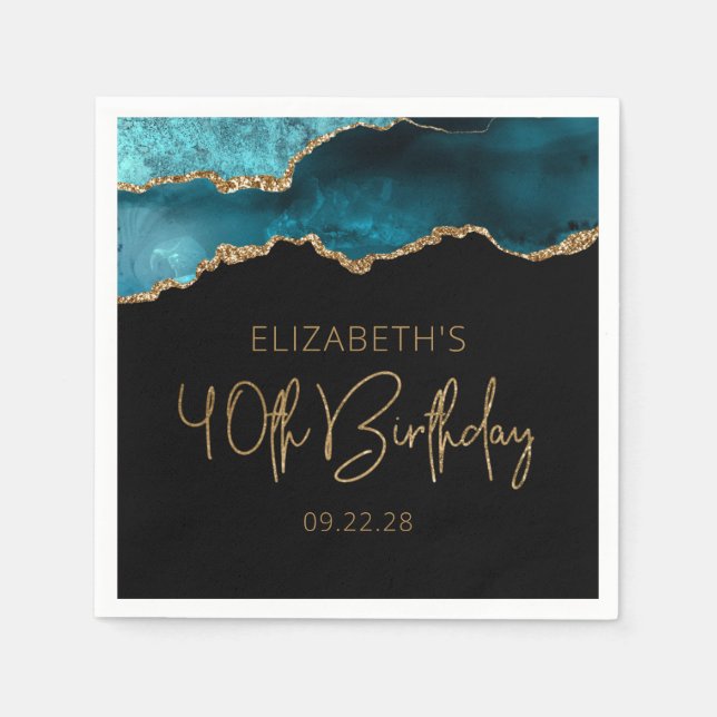 Serviette En Papier Géode Agate Chic Gold Turquoise 40e anniversaire (Devant)