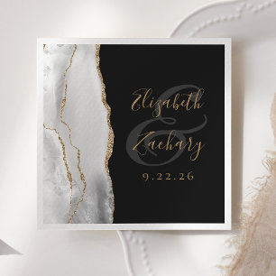 Serviette En Papier Géode Agate Gris Blanc Or Script Mariage foncé