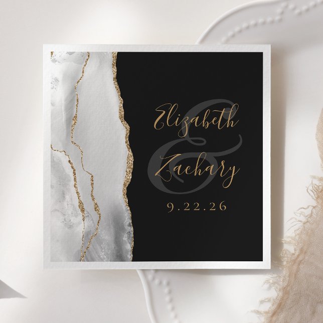 Serviette En Papier Géode Agate Gris Blanc Or Script Mariage foncé (Créateur téléchargé)