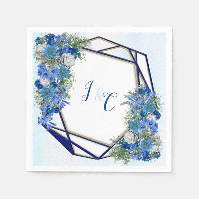 Serviette En Papier Géométrique - Bouquets Gold Navy et Blue Flower (Devant)