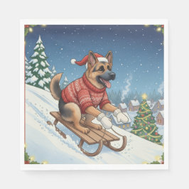 Serviette En Papier German Shepherd Sledding, Christmas Napkins