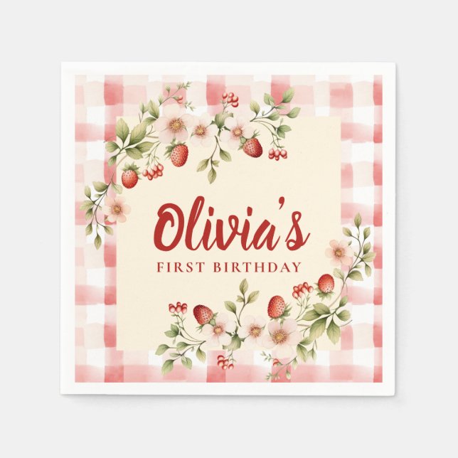 Serviette En Papier Gingham Fleurs de Fraisier Premier Anniversaire (Devant)