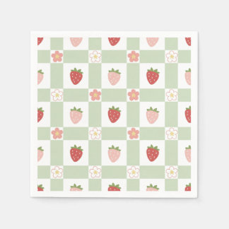 Serviette En Papier Gingham Pastel Vert Fraise 1er Anniversaire